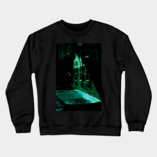 Special processing. Person walking at night, on dark street, with stone walls. Green. Crewneck Sweatshirt